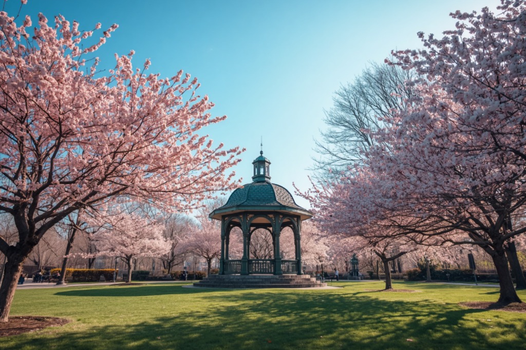 Halifax Public Gardens bandstand with cherry blossoms in spring
