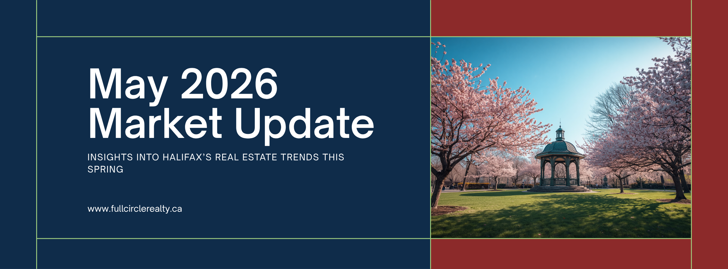 May 2026 Market Update — Halifax real estate hero banner with Public Gardens cherry blossoms